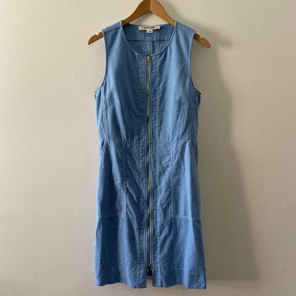 Diane Von Furstenberg Dress Womens 10 Blue Linen Blend Classic Coastal Preppy - Picture 1 of 7